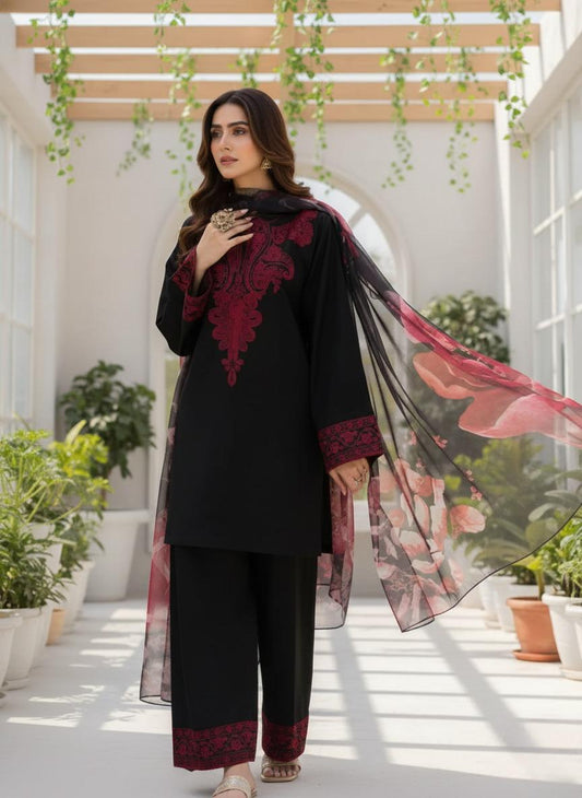 Midnight Bloom - Black & Maroon Embroidered 3-Piece Suit
