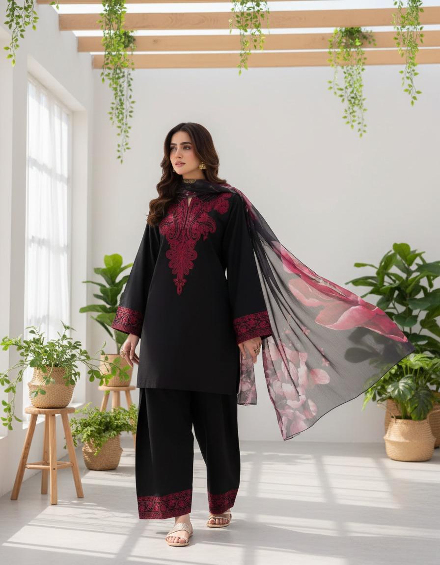 Midnight Bloom - Black & Maroon Embroidered 3-Piece Suit