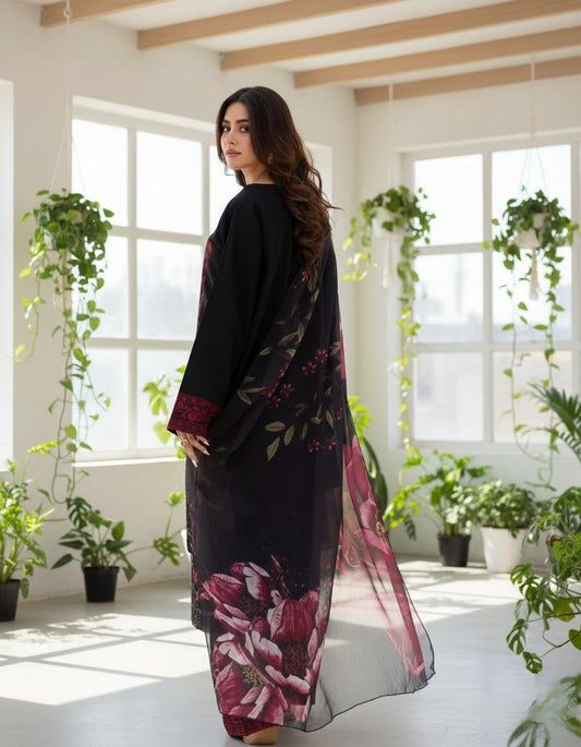 Midnight Bloom - Black & Maroon Embroidered 3-Piece Suit