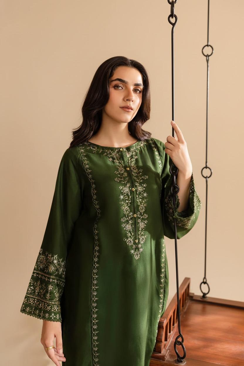 Emerald Heritage - Forest Green Embroidered 2-Piece Set