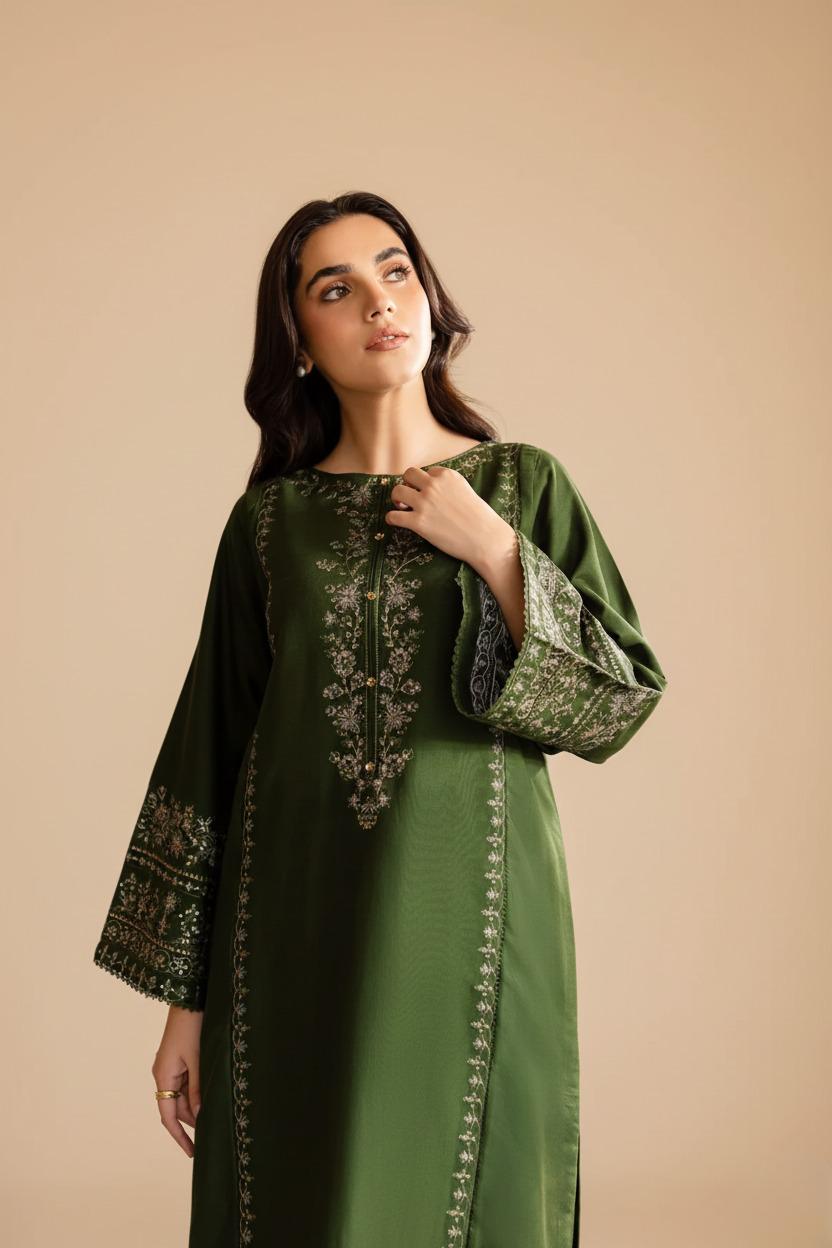 Emerald Heritage - Forest Green Embroidered 2-Piece Set