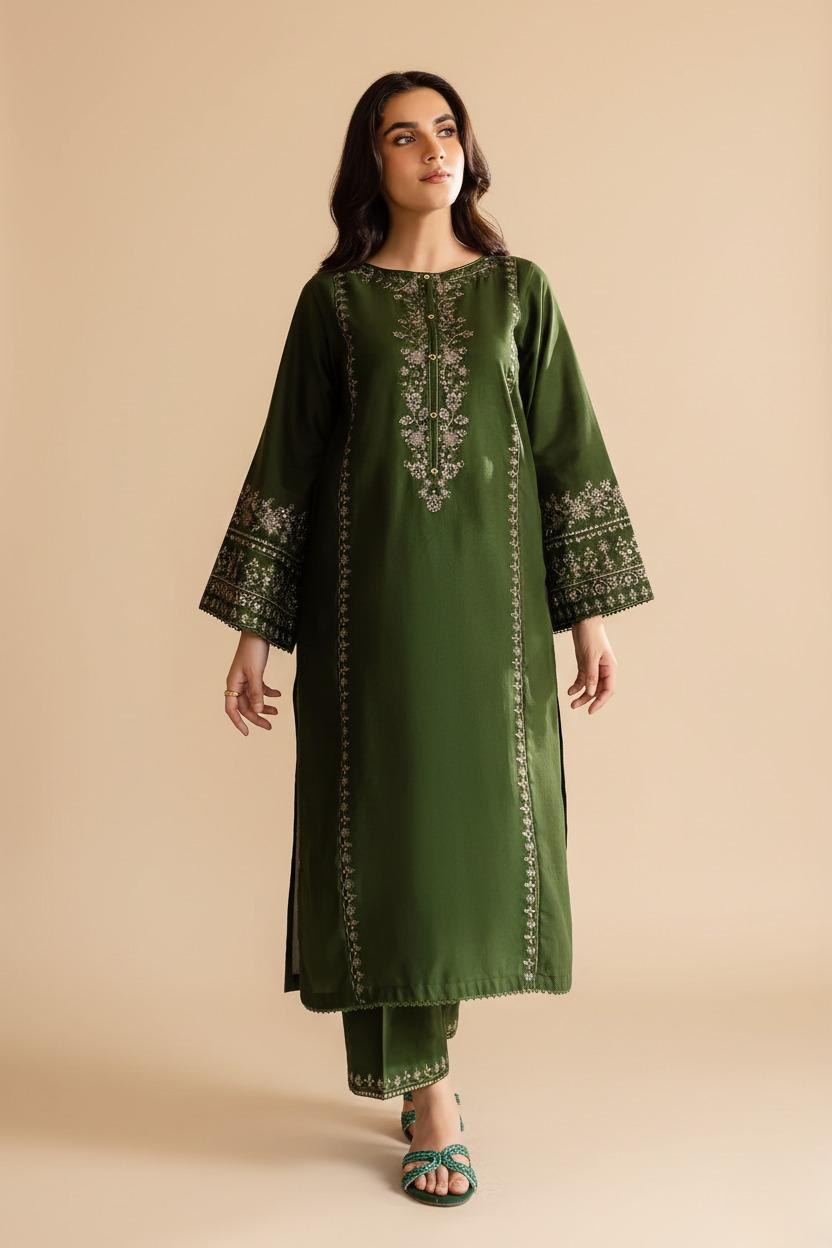 Emerald Heritage - Forest Green Embroidered 2-Piece Set