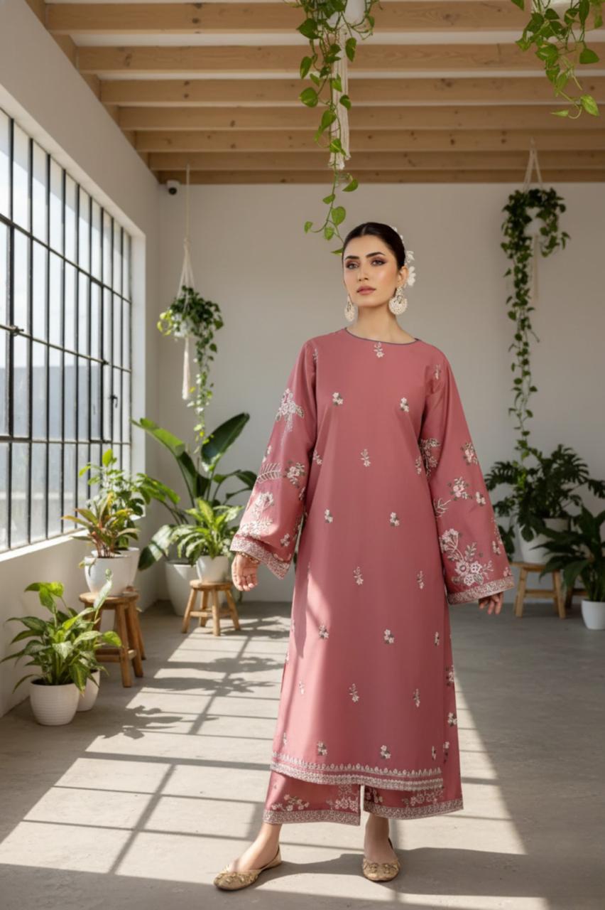 Blush Harmony - Dusty Pink Floral Embroidered 2-Piece Set